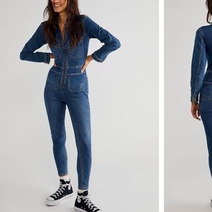 Free People Lennox Denim Fitted Jumpsuit coverall $148 Rider Blue